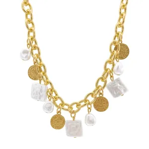 14k Gold Plated Oval Link Chain with Hammered Coin and Multishape Pearl Charms Necklace