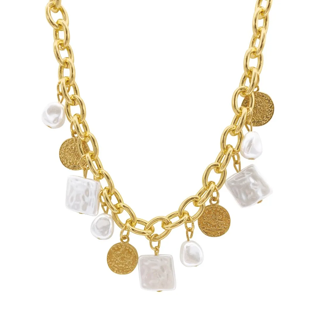 14k Gold Plated Oval Link Chain with Hammered Coin and Multishape Pearl Charms Necklace