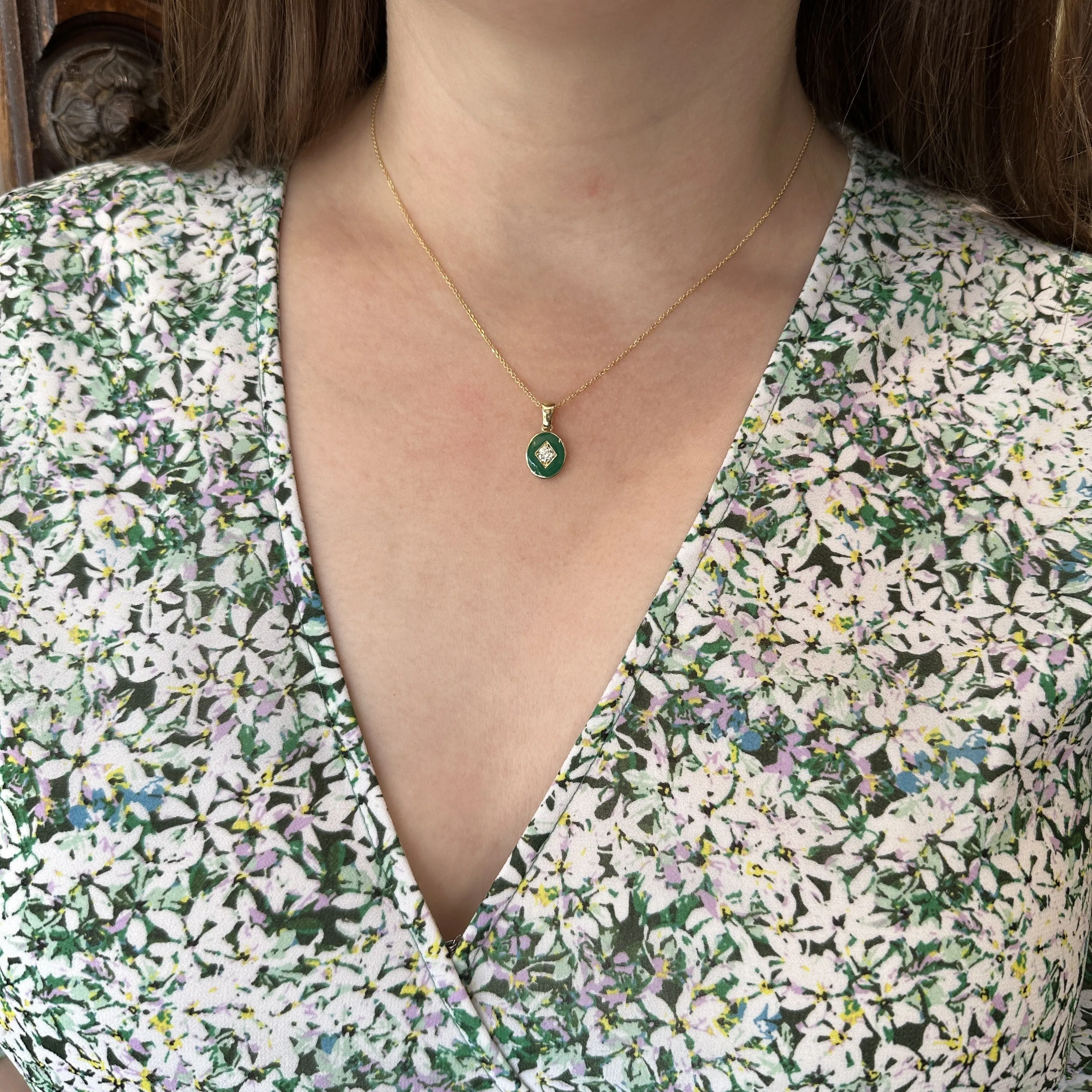 14K Yellow Gold 0.18 Carat Diamond and Green Enamel Pendant