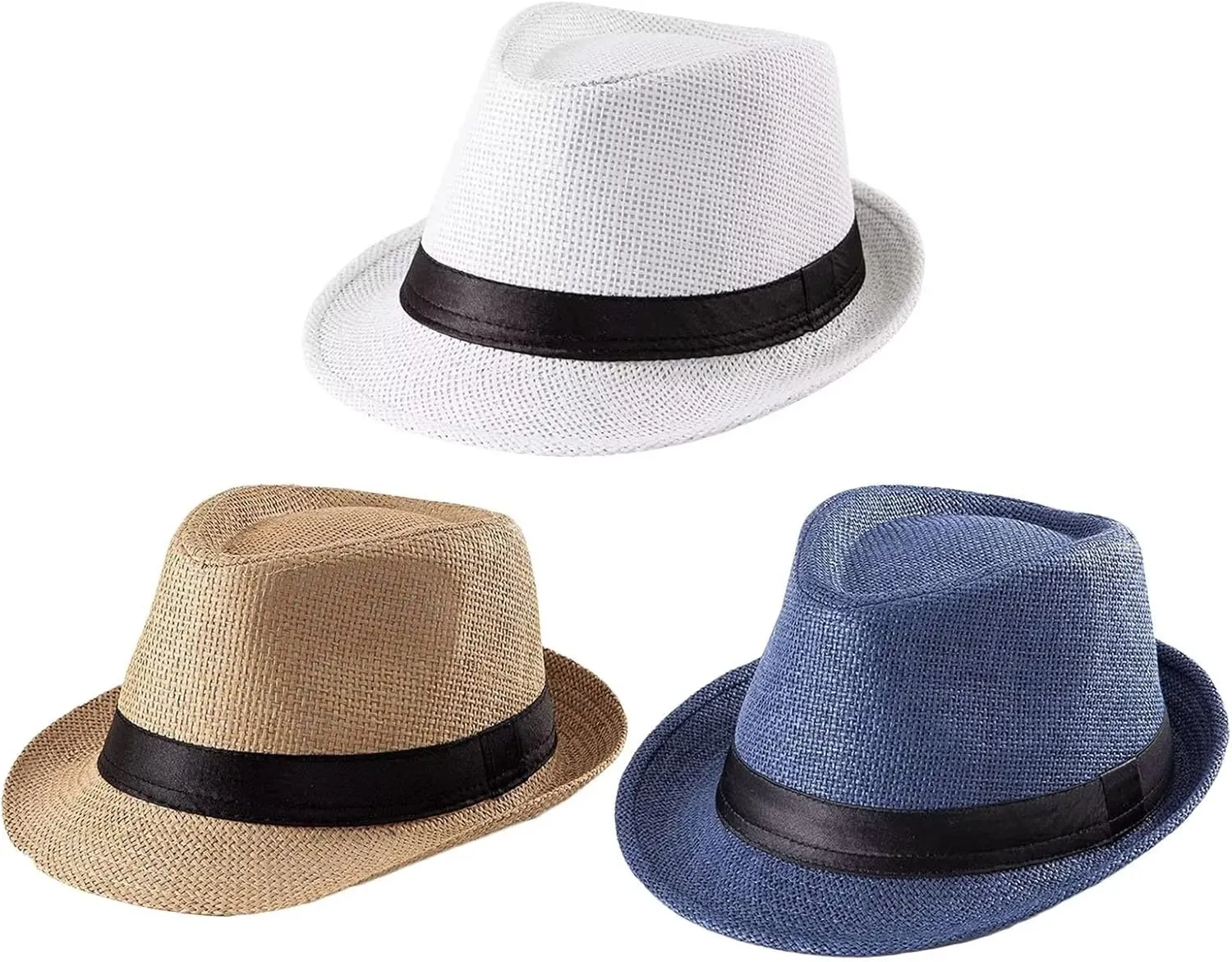 3 Pack Men Women Straw Panama Hat Fedora Beach Sun Hat Short Brim Trilby Hat