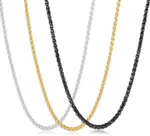 3 Pcs Chain Necklace for Men, 4mm Stainless Steel Gold Black and Silver Wheat Chains for Mens Jewelry Gift, 16"/20"/24"/28"/32 Inches