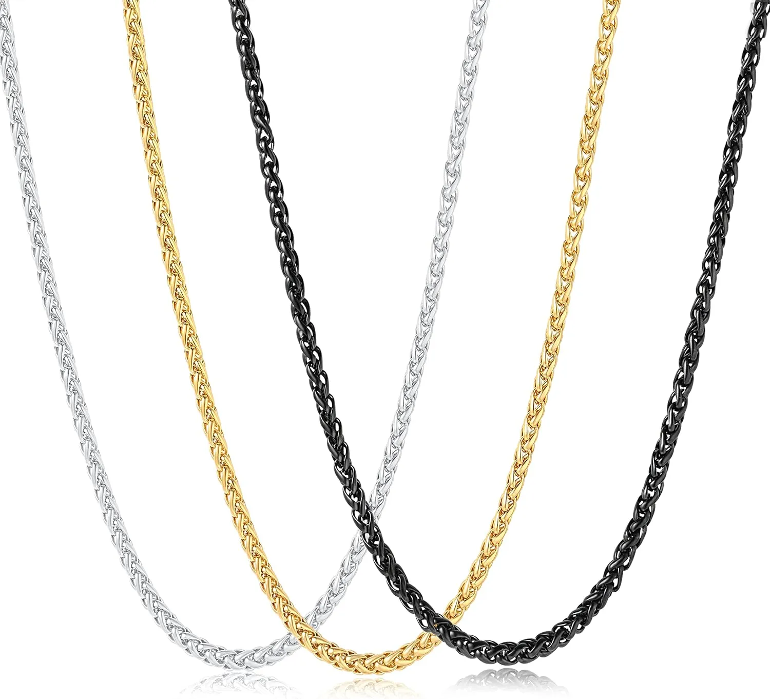 3 Pcs Chain Necklace for Men, 4mm Stainless Steel Gold Black and Silver Wheat Chains for Mens Jewelry Gift, 16"/20"/24"/28"/32 Inches