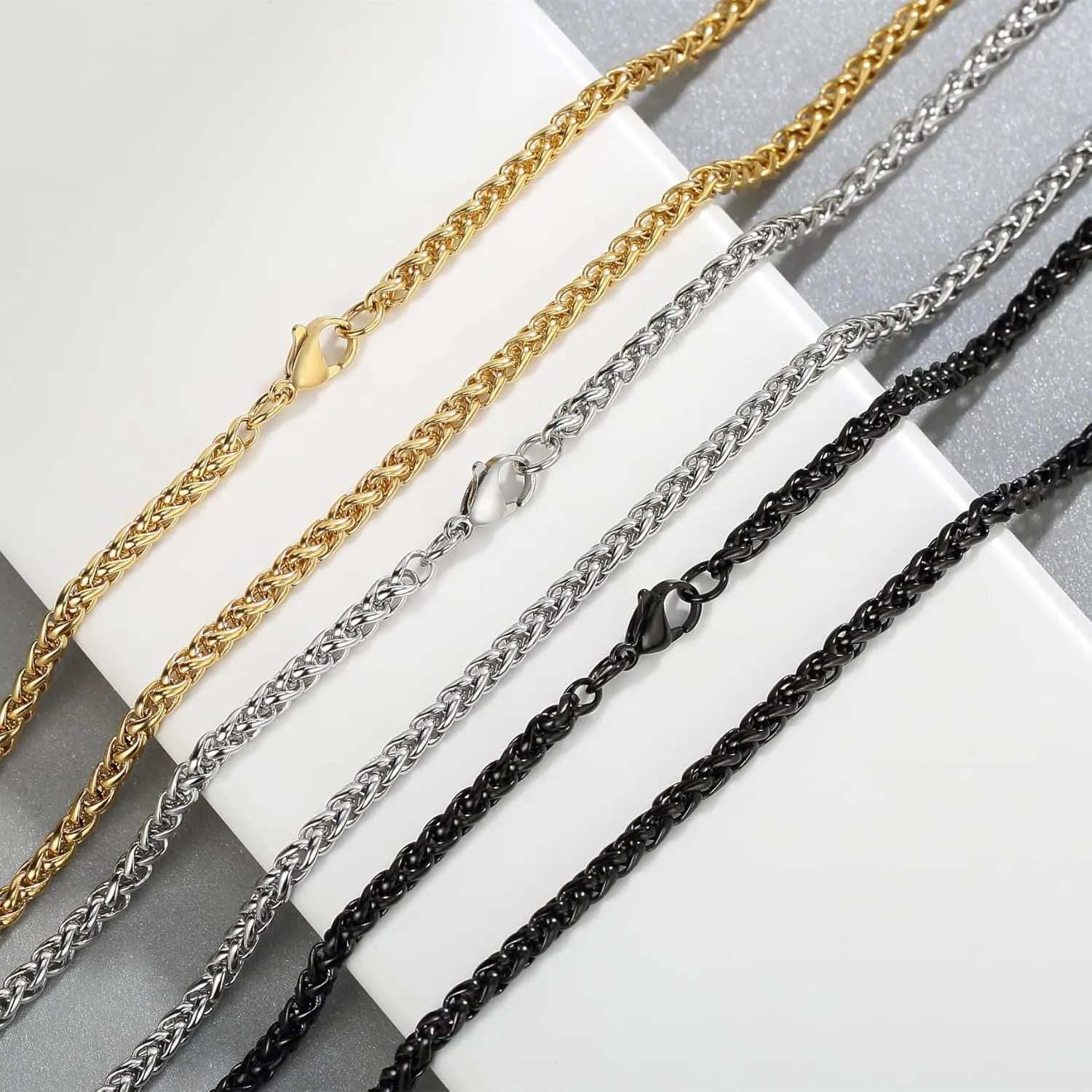 3 Pcs Chain Necklace for Men, 4mm Stainless Steel Gold Black and Silver Wheat Chains for Mens Jewelry Gift, 16"/20"/24"/28"/32 Inches