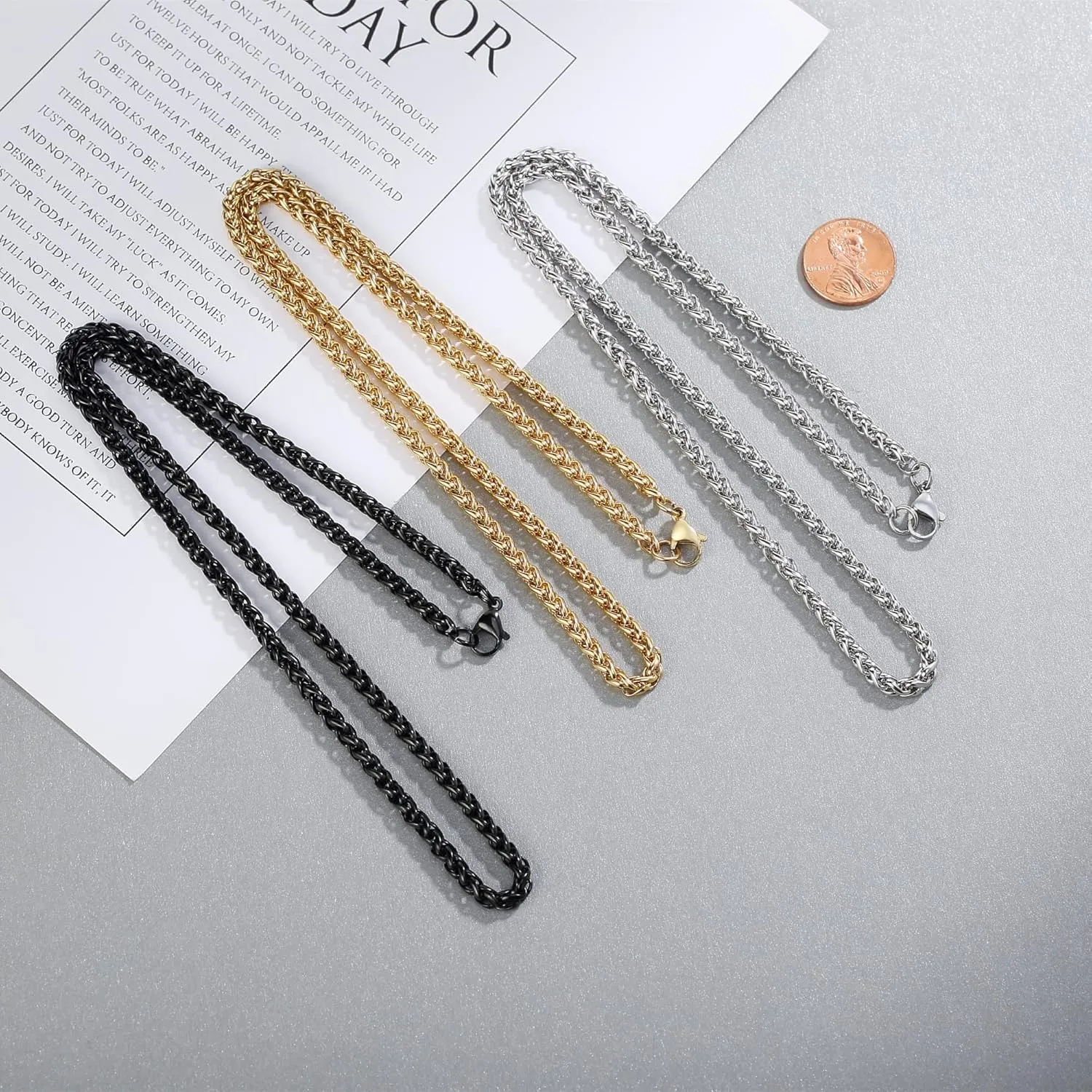 3 Pcs Chain Necklace for Men, 4mm Stainless Steel Gold Black and Silver Wheat Chains for Mens Jewelry Gift, 16"/20"/24"/28"/32 Inches