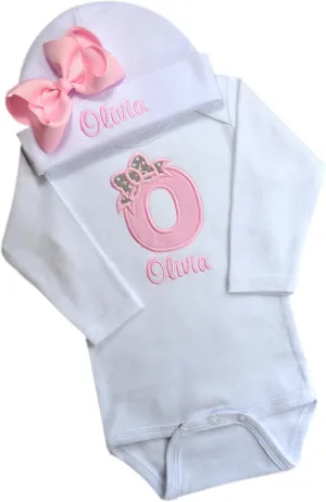 Baby Girl Embroidered INITIAL Bodysuit and MATCHING Beanie HAT Gift SET with Your Custom Name