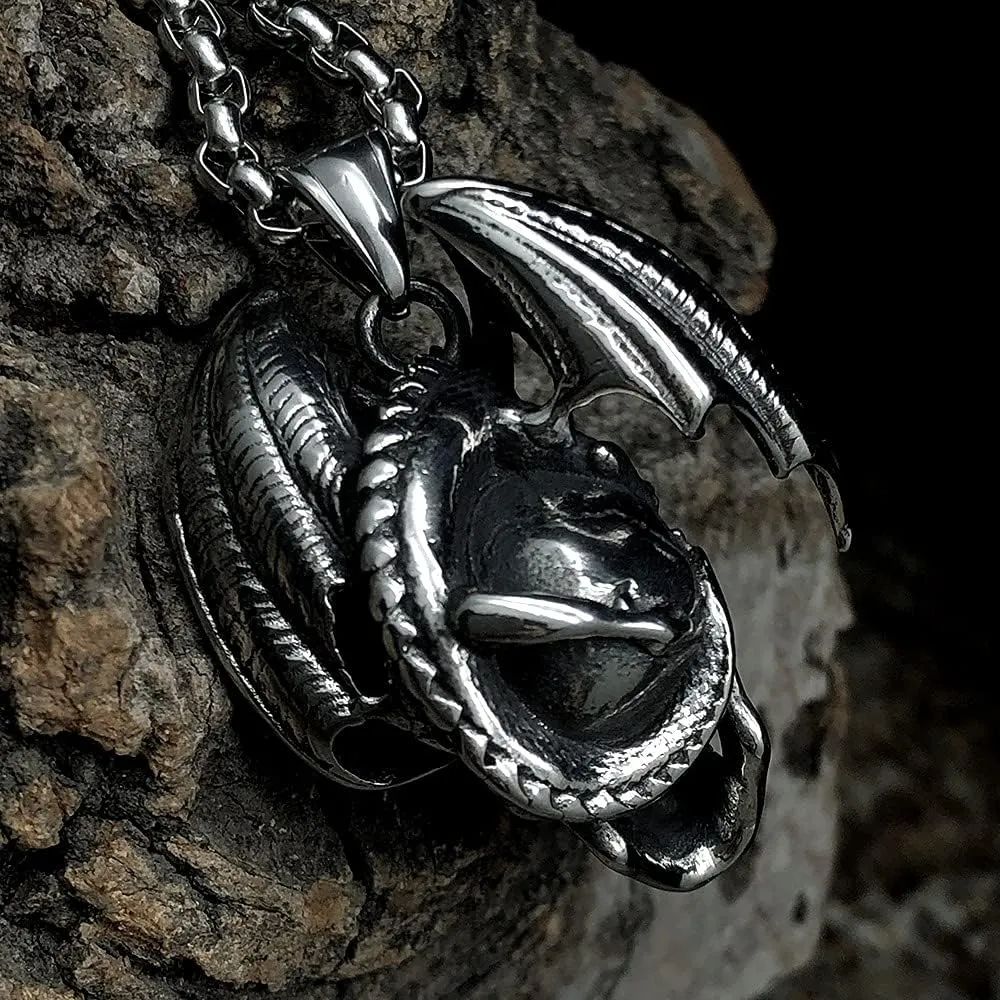 bahamut Mens Skull Dragon Pendant Necklace for Men Silver Cool Goth Accessory Jewelry with Stainless Steel Chain