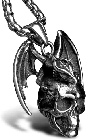 bahamut Mens Skull Dragon Pendant Necklace for Men Silver Cool Goth Accessory Jewelry with Stainless Steel Chain