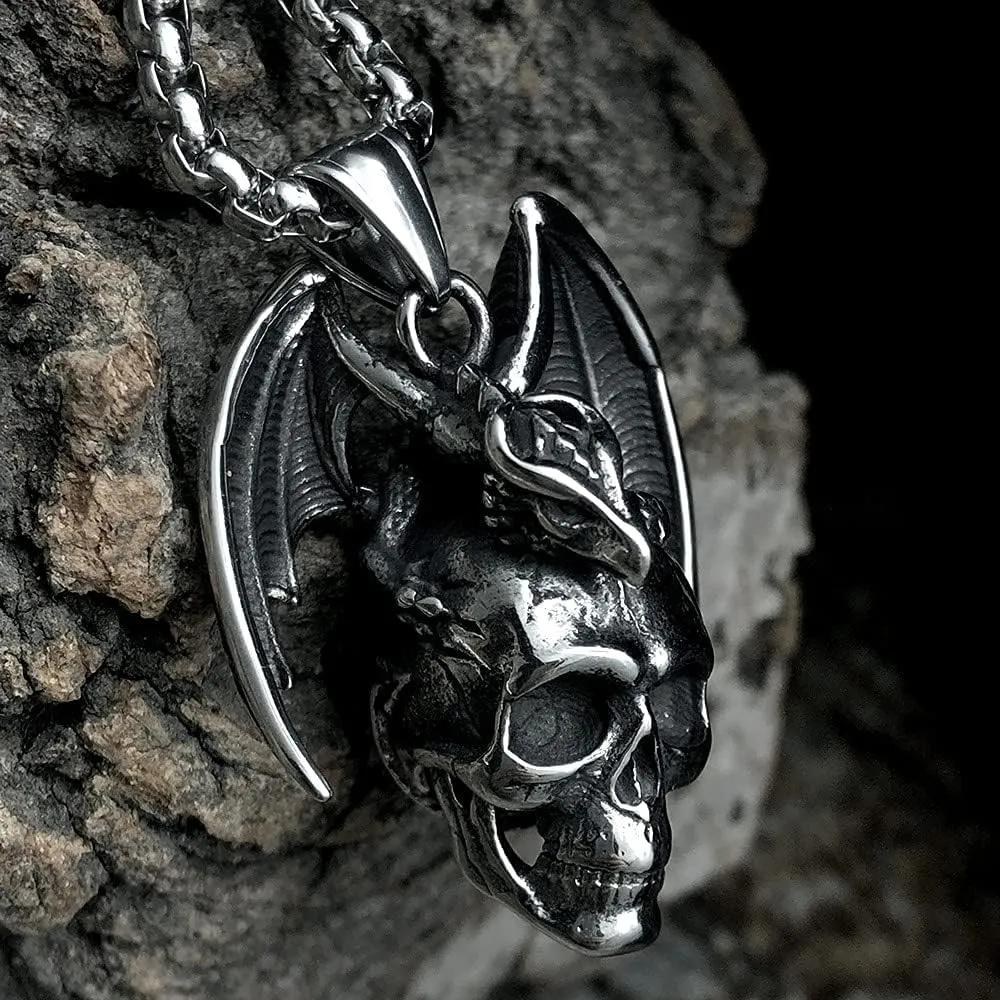 bahamut Mens Skull Dragon Pendant Necklace for Men Silver Cool Goth Accessory Jewelry with Stainless Steel Chain