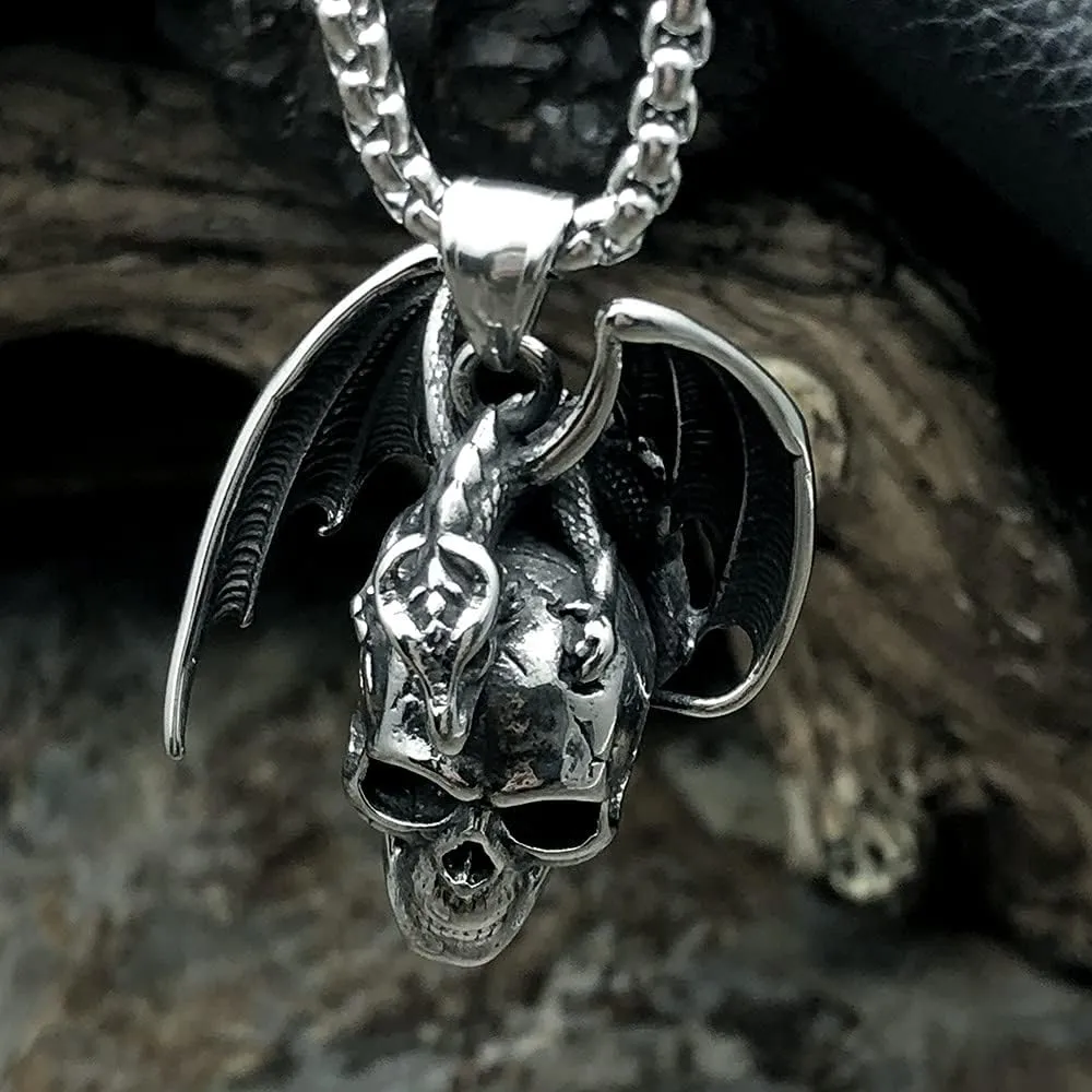 bahamut Mens Skull Dragon Pendant Necklace for Men Silver Cool Goth Accessory Jewelry with Stainless Steel Chain