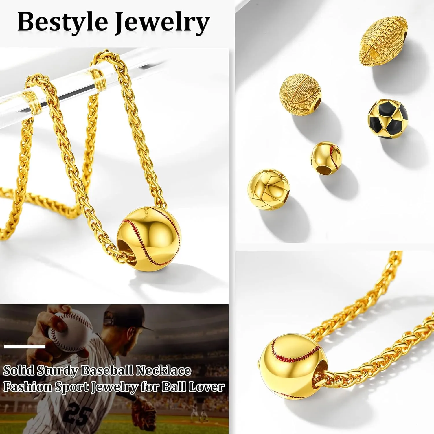 Bestyle Vivid Ball Pendants Sprots Necklace for Men, Solid Stainless Steel Soccer/Basketball/Volleyball/Rugby Ball/Baseball Necklace in Silver/Black/Gold, Trendy Sport Fan Jewelry Collection Gift