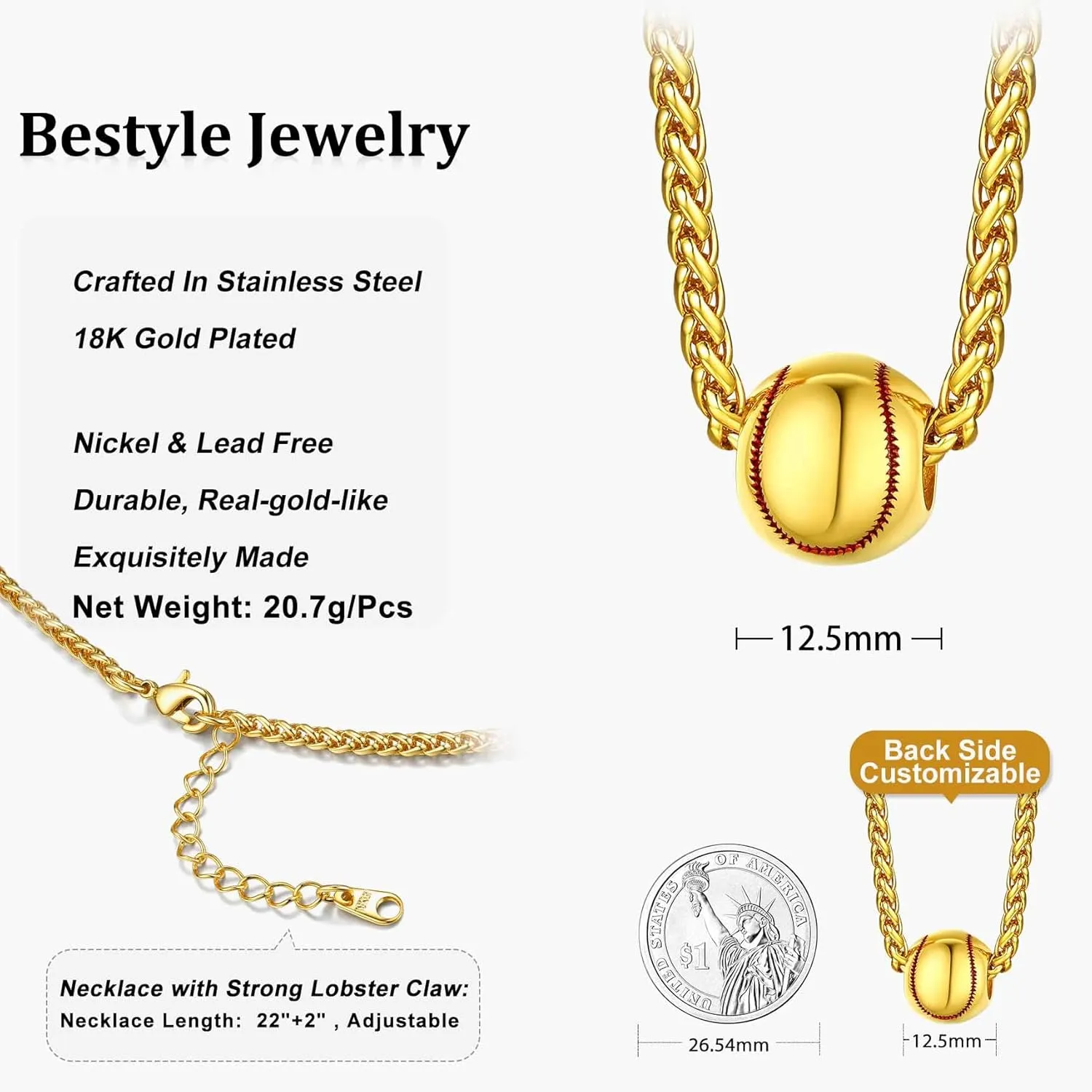 Bestyle Vivid Ball Pendants Sprots Necklace for Men, Solid Stainless Steel Soccer/Basketball/Volleyball/Rugby Ball/Baseball Necklace in Silver/Black/Gold, Trendy Sport Fan Jewelry Collection Gift
