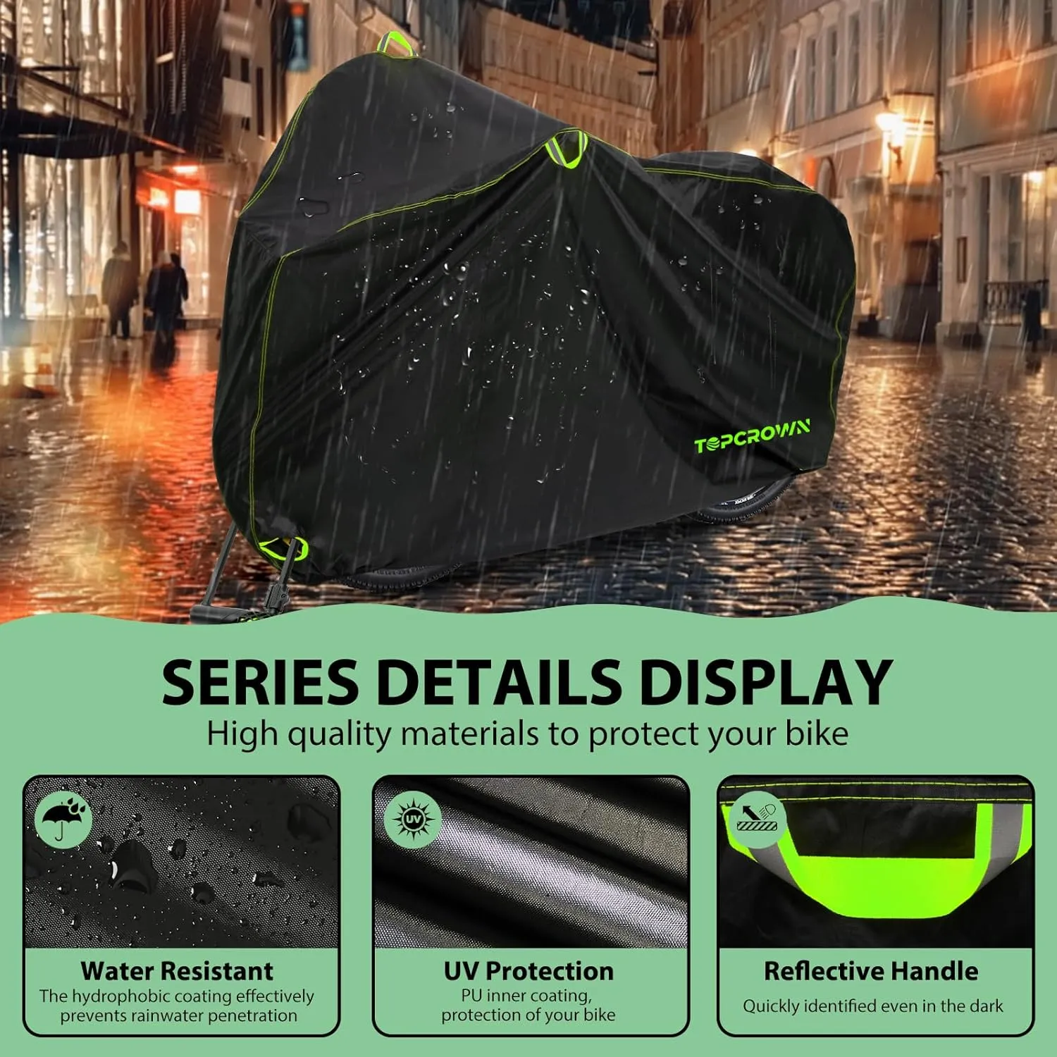 Bike Cover Waterproof Outdoor Storage for 3 Bikes, Bicycle Cover Rain Sun UV Dust Wind Proof with Storage Bag for Mountain Road Bike/Ebike (210D Black Green, XXXL Size for 3 bikes)