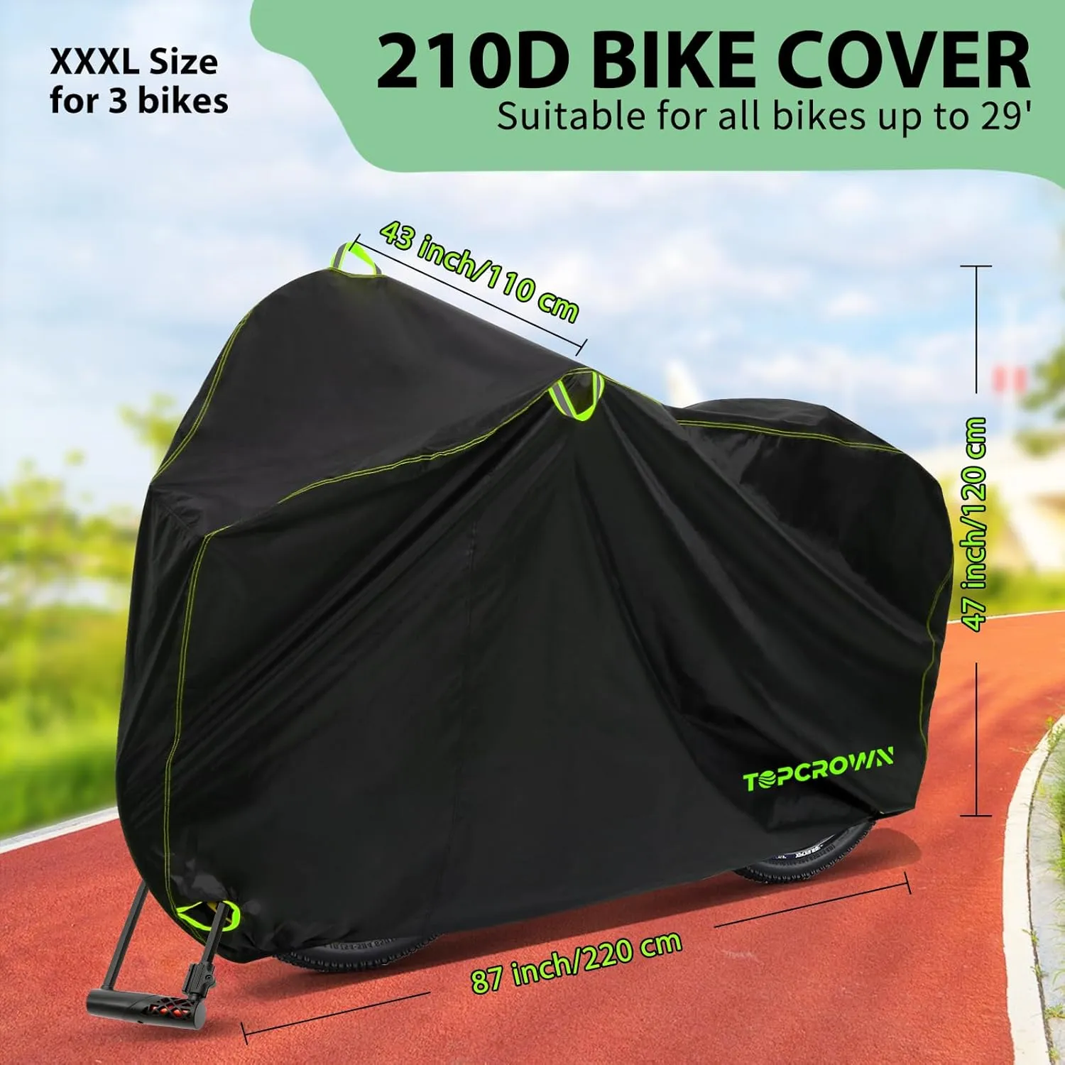 Bike Cover Waterproof Outdoor Storage for 3 Bikes, Bicycle Cover Rain Sun UV Dust Wind Proof with Storage Bag for Mountain Road Bike/Ebike (210D Black Green, XXXL Size for 3 bikes)