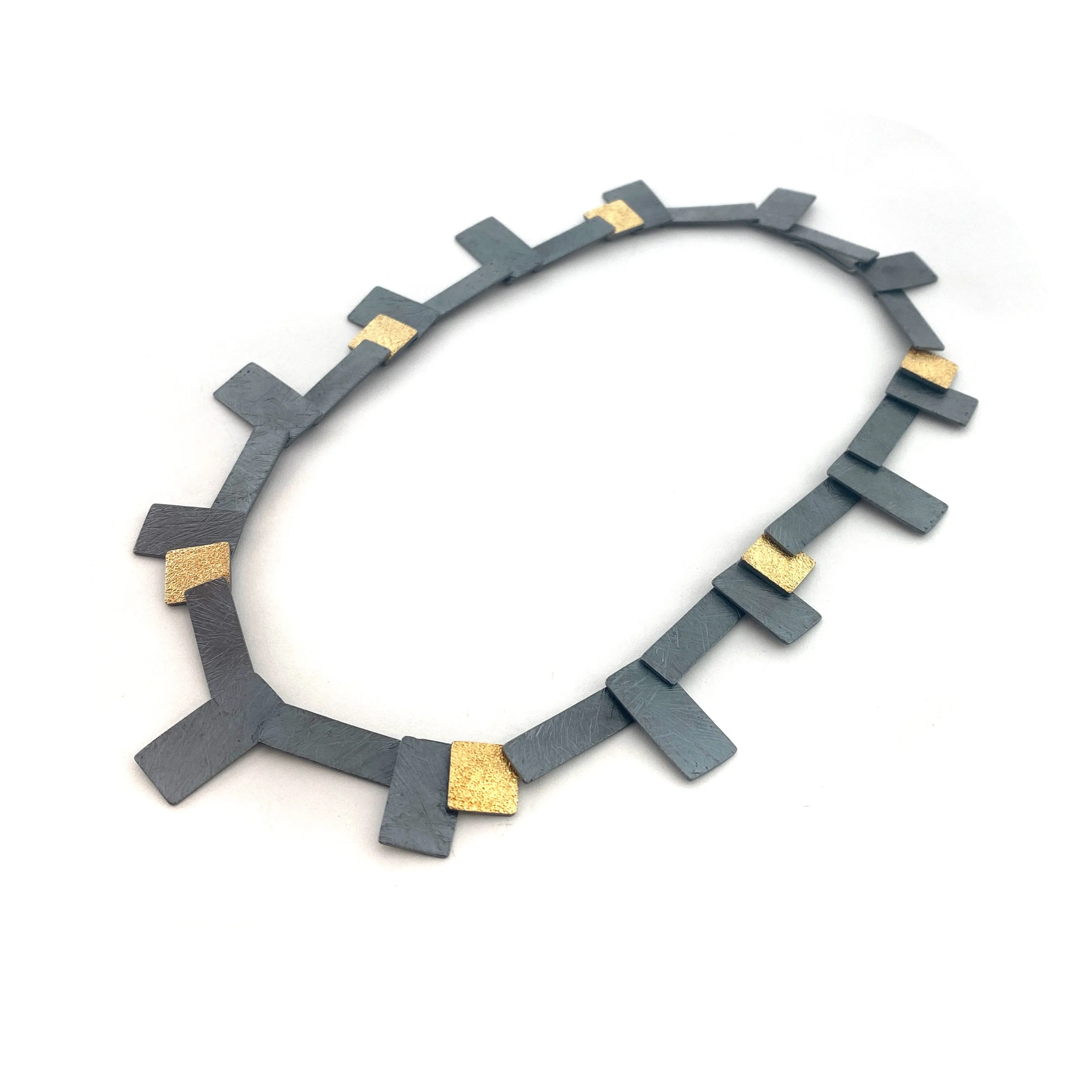 Carved Tab Link Necklace - Sterling Silver & Gold