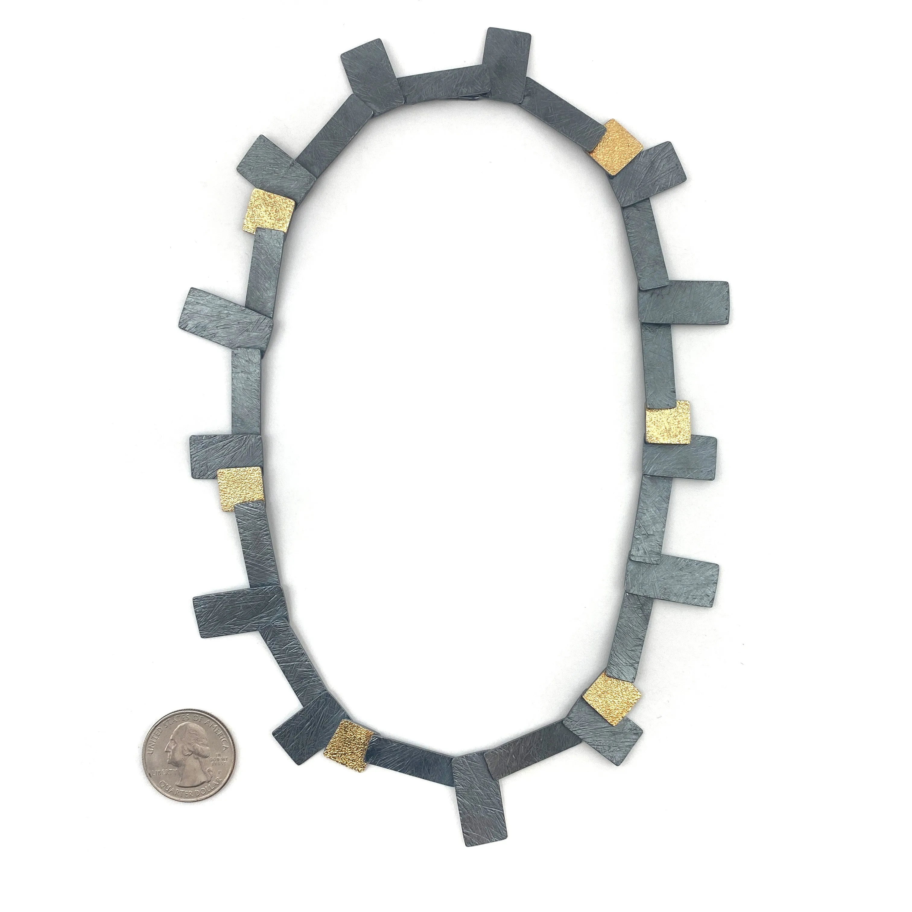 Carved Tab Link Necklace - Sterling Silver & Gold