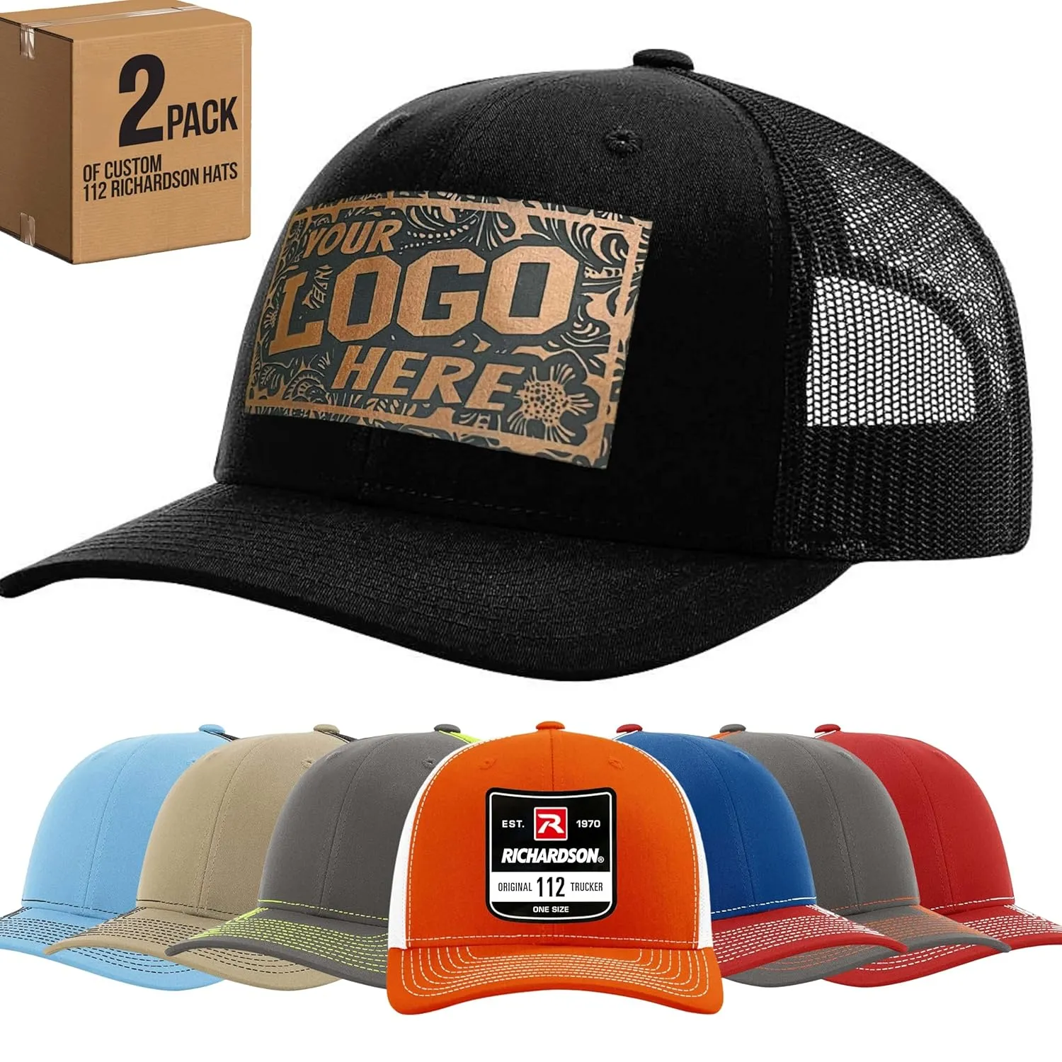 Custom Leather Patch Richardson 112 Trucker Hat for Men & Women - 6 Panel Structured Baseball Cap with Snapback Enclosure (2 - Pack, black)