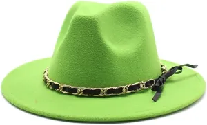 DHAEY New Golden Chain Bow Belt Woolen Hat European and American Jazz Felt Hat Men's and Women's Large Flat Brimmed Hat Luopan Caps & Hats(Fruit Green)