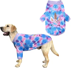 Dog Blue Purple Tiedye T Shirts Shining Unicorn Pattern Printed Pet Shirt Softable Pajamas for Large Dogs (XXL, Blue)