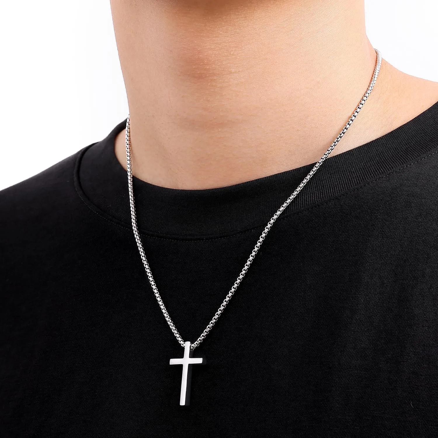 Fiusem Father's Day Gifts Cross Necklace for Men, Silver/Gold/Black Mens Cross Necklaces with 2.5mm Cross Chain and Stainless Steel Cross Pendant, Box Chain 16-24 Inch