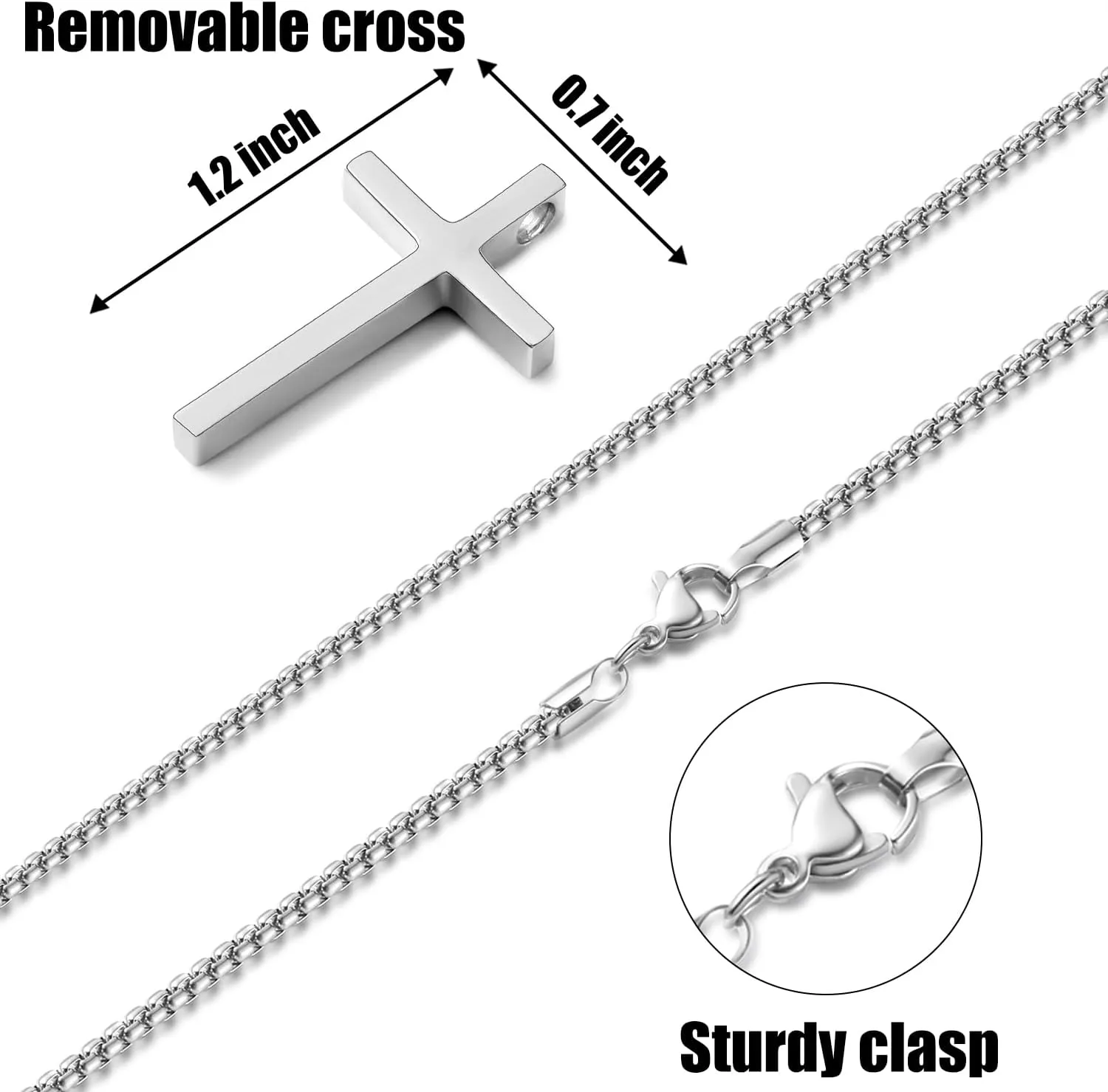 Fiusem Father's Day Gifts Cross Necklace for Men, Silver/Gold/Black Mens Cross Necklaces with 2.5mm Cross Chain and Stainless Steel Cross Pendant, Box Chain 16-24 Inch