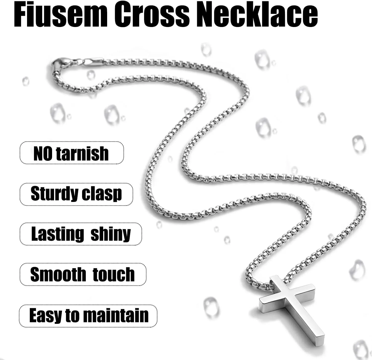Fiusem Father's Day Gifts Cross Necklace for Men, Silver/Gold/Black Mens Cross Necklaces with 2.5mm Cross Chain and Stainless Steel Cross Pendant, Box Chain 16-24 Inch