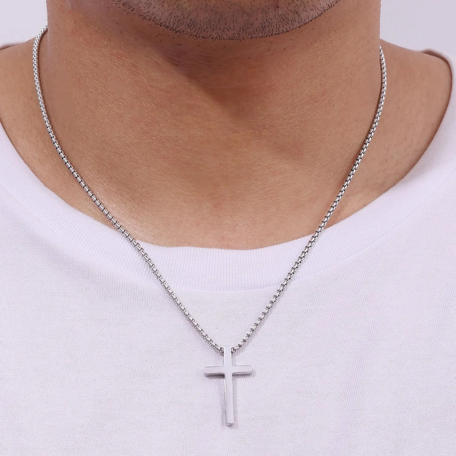 Fiusem Father's Day Gifts Cross Necklace for Men, Silver/Gold/Black Mens Cross Necklaces with 2.5mm Cross Chain and Stainless Steel Cross Pendant, Box Chain 16-24 Inch