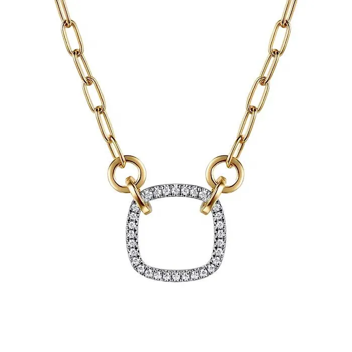 Gabriel & Co. Contemporary Open Cushion Shape Diamond Hallow Paper Clip Necklace in 14K White and Yellow Gold