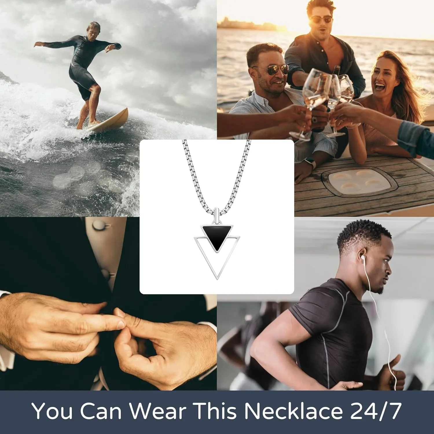 Galis Mens Necklace - Father's Day Gift - Premium Stainless Steel for Men, Non Tarnish with Triangle Black Enamel Pendant, Chain Pendants, Stylish - Gifts for Him 24"