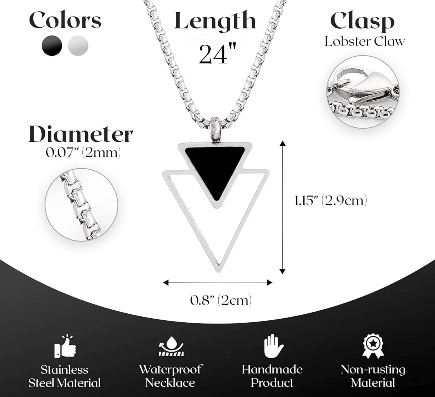 Galis Mens Necklace - Father's Day Gift - Premium Stainless Steel for Men, Non Tarnish with Triangle Black Enamel Pendant, Chain Pendants, Stylish - Gifts for Him 24"