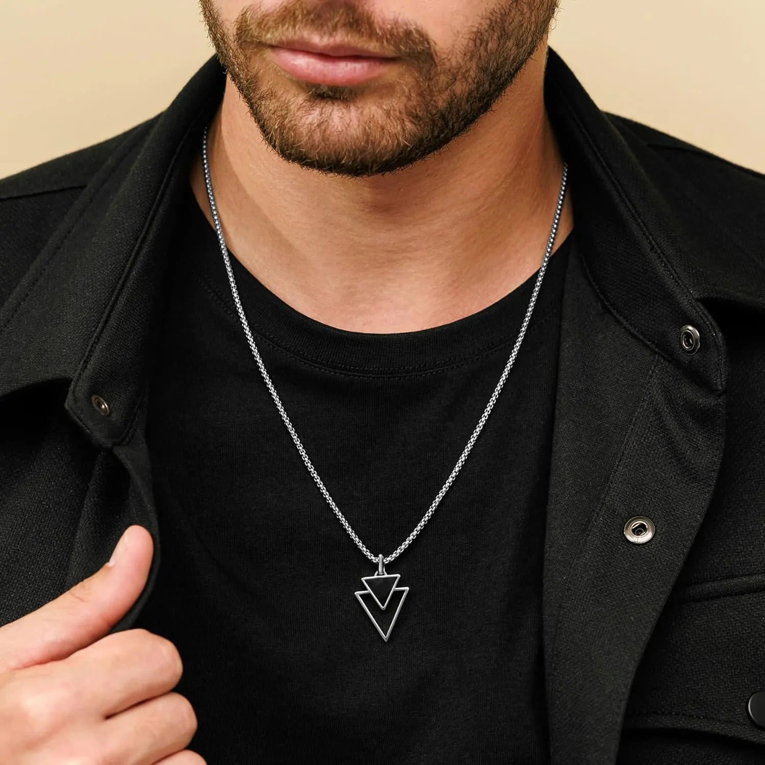 Galis Mens Necklace - Father's Day Gift - Premium Stainless Steel for Men, Non Tarnish with Triangle Black Enamel Pendant, Chain Pendants, Stylish - Gifts for Him 24"