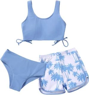Girl's 3 Piece Bikini Bathing Suit Printed Sport Swimsuits with Shorts Cove Up Sets Teen Girl's Swimwear