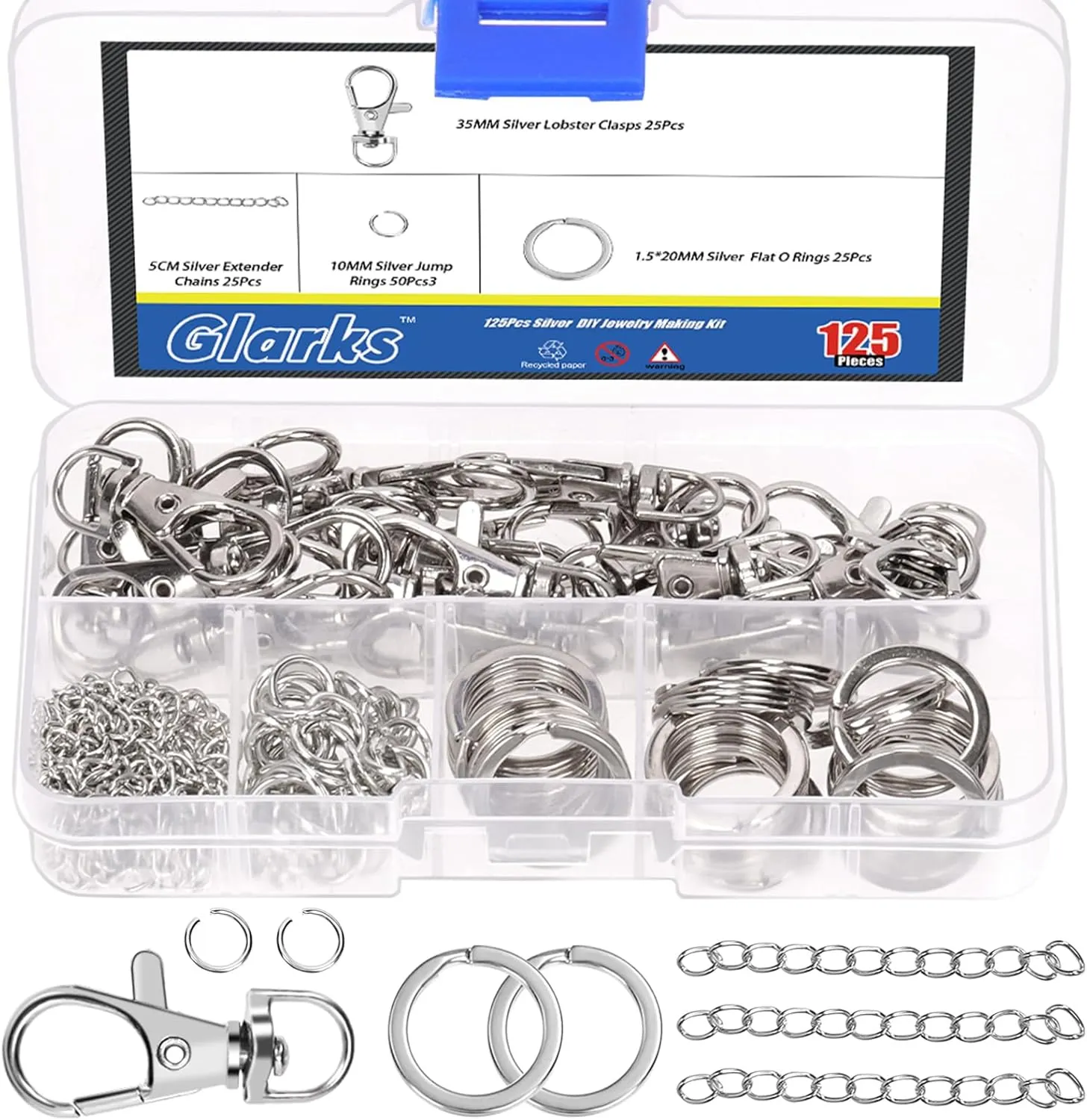Glarks 125pcs Silver Keychain Making Kit, Keychain Craft Supplies Including Key Chain Clips with Chains, Lobster Claw Clasps, Key Rings and Jump Rings for Jewelry Craft Making