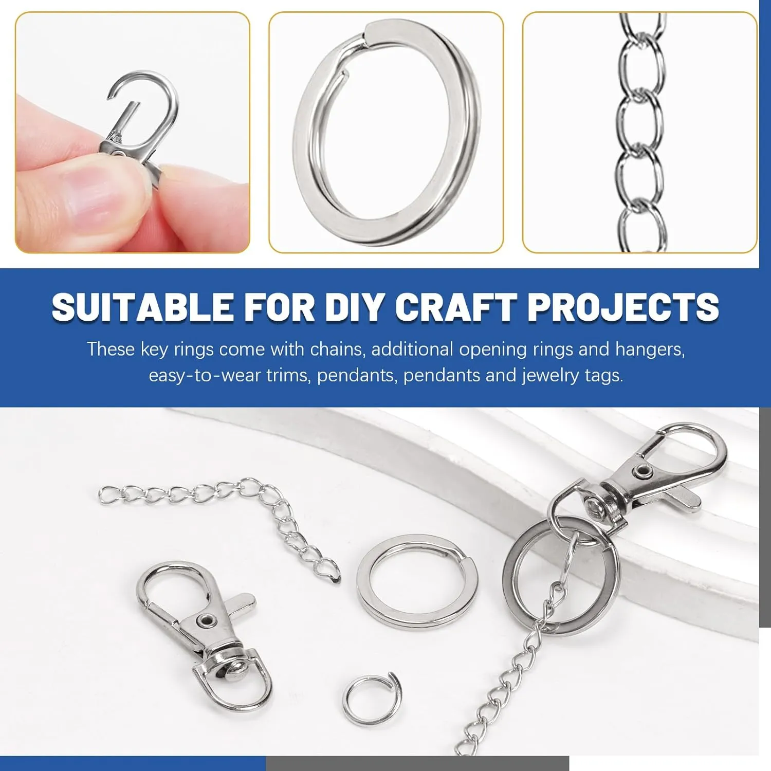 Glarks 125pcs Silver Keychain Making Kit, Keychain Craft Supplies Including Key Chain Clips with Chains, Lobster Claw Clasps, Key Rings and Jump Rings for Jewelry Craft Making