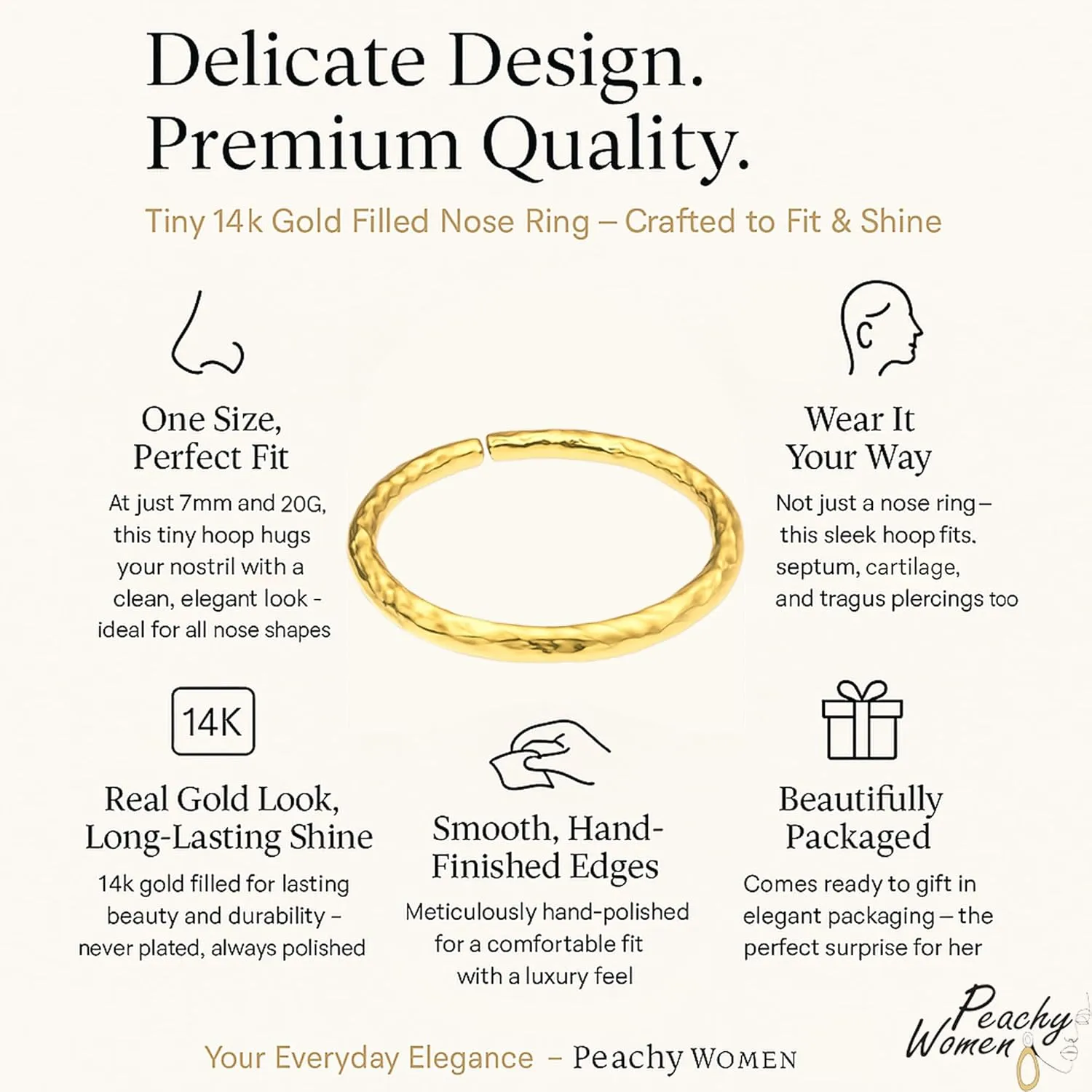 Gold Nose Ring - Small Tiny 20 Gauge 7mm Nose Hoop Piercing - 14k Gold Filled Thin Nose Rings For Women - Handmade Nose Jewelry Hoop - Gift Ready