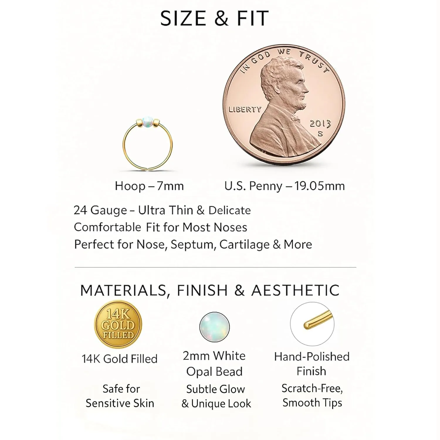 Gold Nose Ring - Thin Tiny White Opal 24 Gauge Nose Hoop Rings -14k Gold Filled Smooth Comfortable Nose Piercing Jewelry For Women - Gift Ready