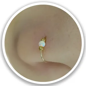 Gold Nose Ring - Thin Tiny White Opal 24 Gauge Nose Hoop Rings -14k Gold Filled Smooth Comfortable Nose Piercing Jewelry For Women - Gift Ready