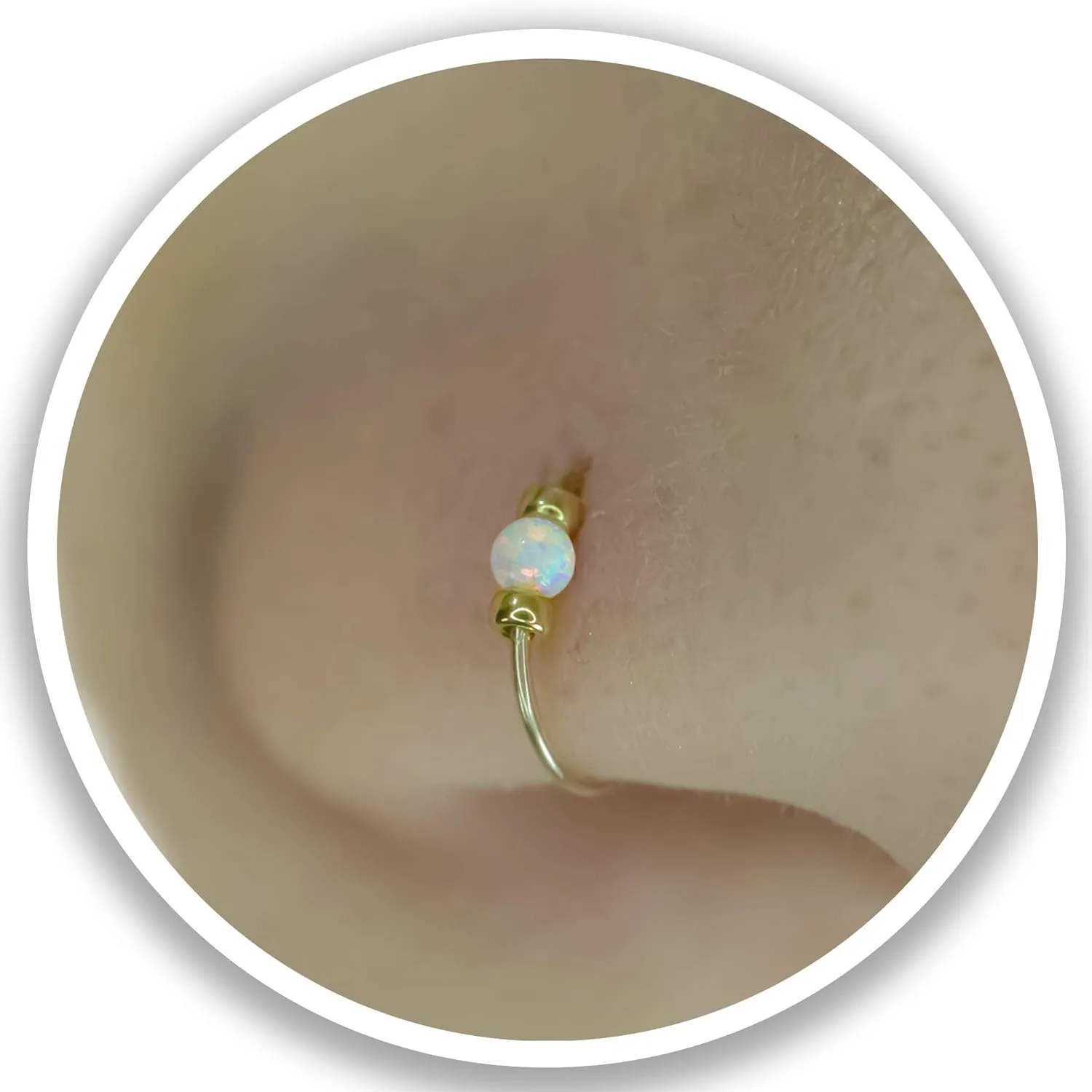 Gold Nose Ring - Thin Tiny White Opal 24 Gauge Nose Hoop Rings -14k Gold Filled Smooth Comfortable Nose Piercing Jewelry For Women - Gift Ready