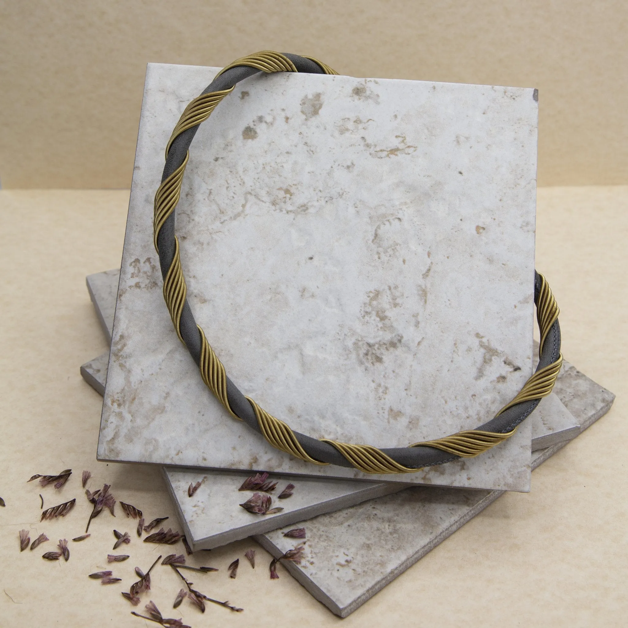 Gray Suede Necklace with Wire Wrap