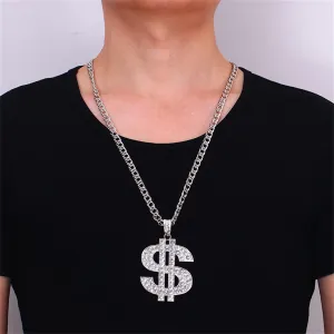 Hip Hop Punk Large US Dollar Money Sign Pendant Necklace Rhinestones Plated Chain Dollar Necklace for Men Women Bar Party Jewelry