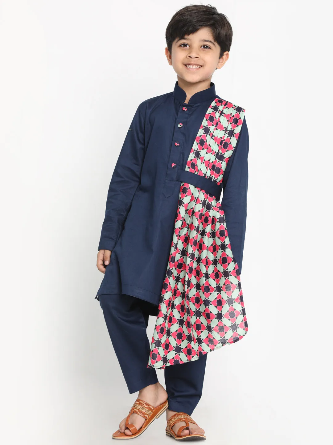 Jashvi Printed Dupatta Attached With A Belt Navy Blue Kurta And Pyjama Set