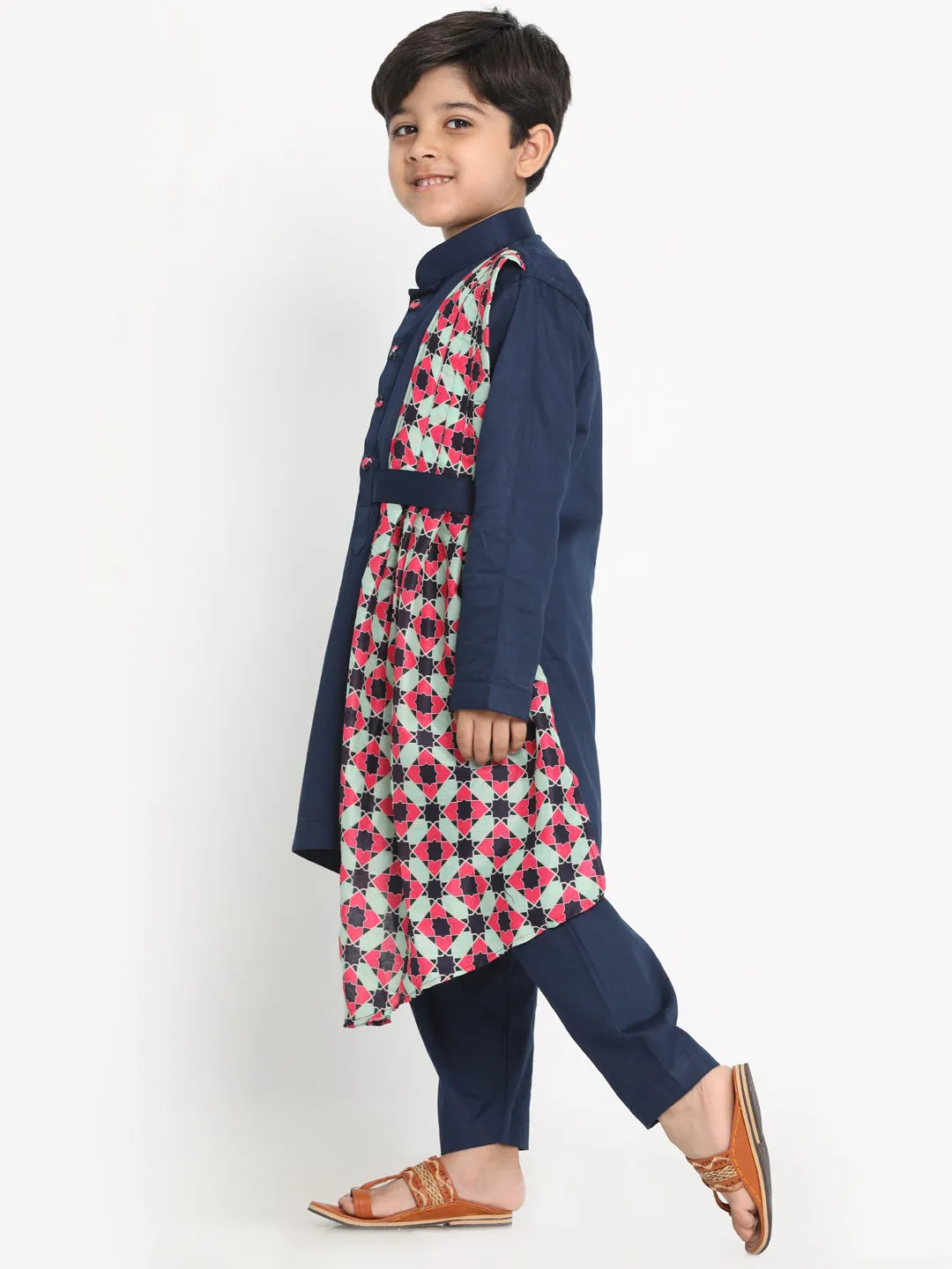 Jashvi Printed Dupatta Attached With A Belt Navy Blue Kurta And Pyjama Set