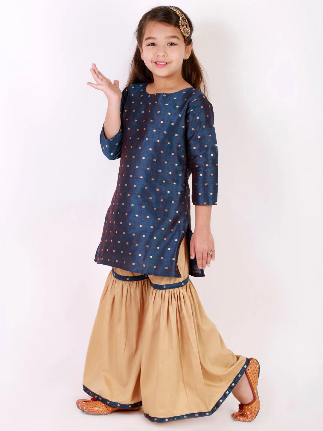 Jashvi Silk Blend Blue And rose Gold Woven Siblings Set