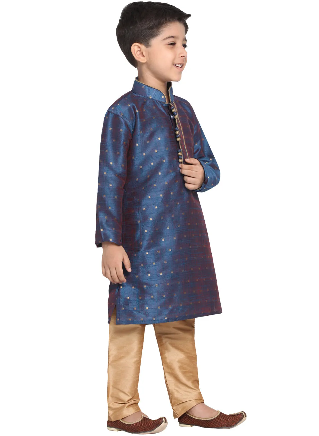 Jashvi Silk Blend Blue And rose Gold Woven Siblings Set