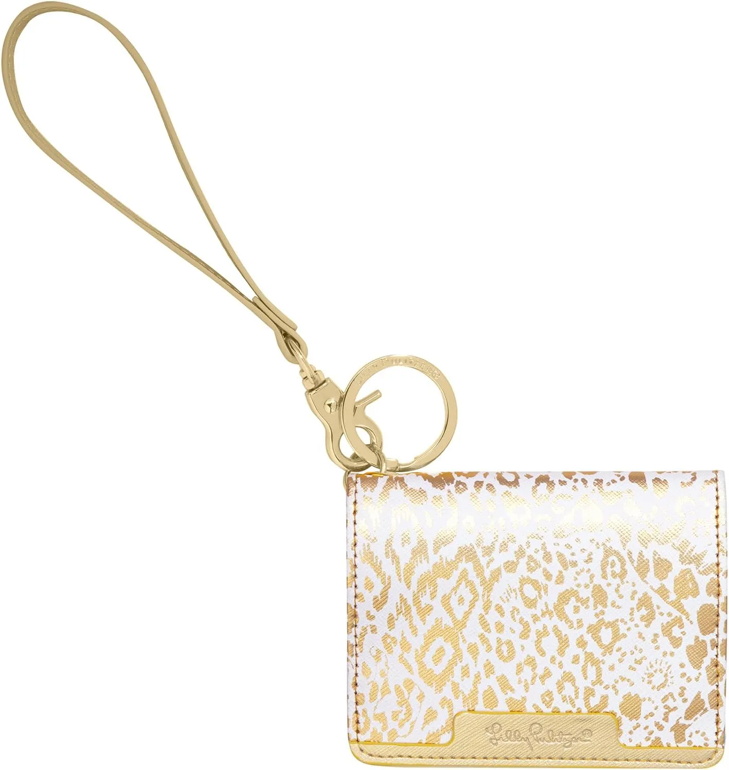 Lilly Pulitzer Vegan Leather Snap ID Card Case, Cute Keychain Wallet, Slim Credit Card Holder with Wristlet Strap, Pattern Play (Gold)