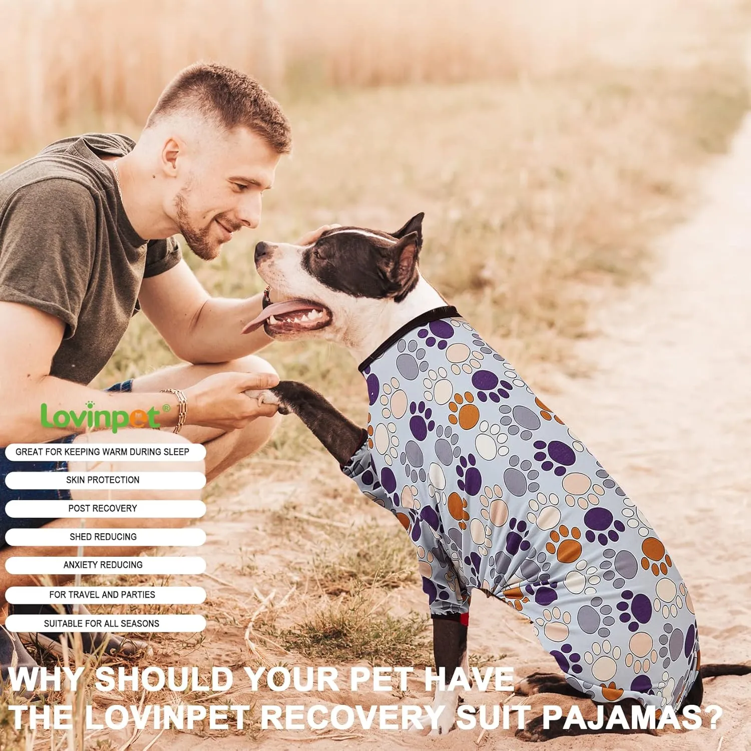 LovinPet Large Breeds Dog Onesies - Dog Pajamas, Lightweight Stretchy Fabric, Dog Long Sleeve Shirt, Paw-Some Steel Gray Print, Dog Jumpsuit, UV Protection, Pet PJ's/Medium
