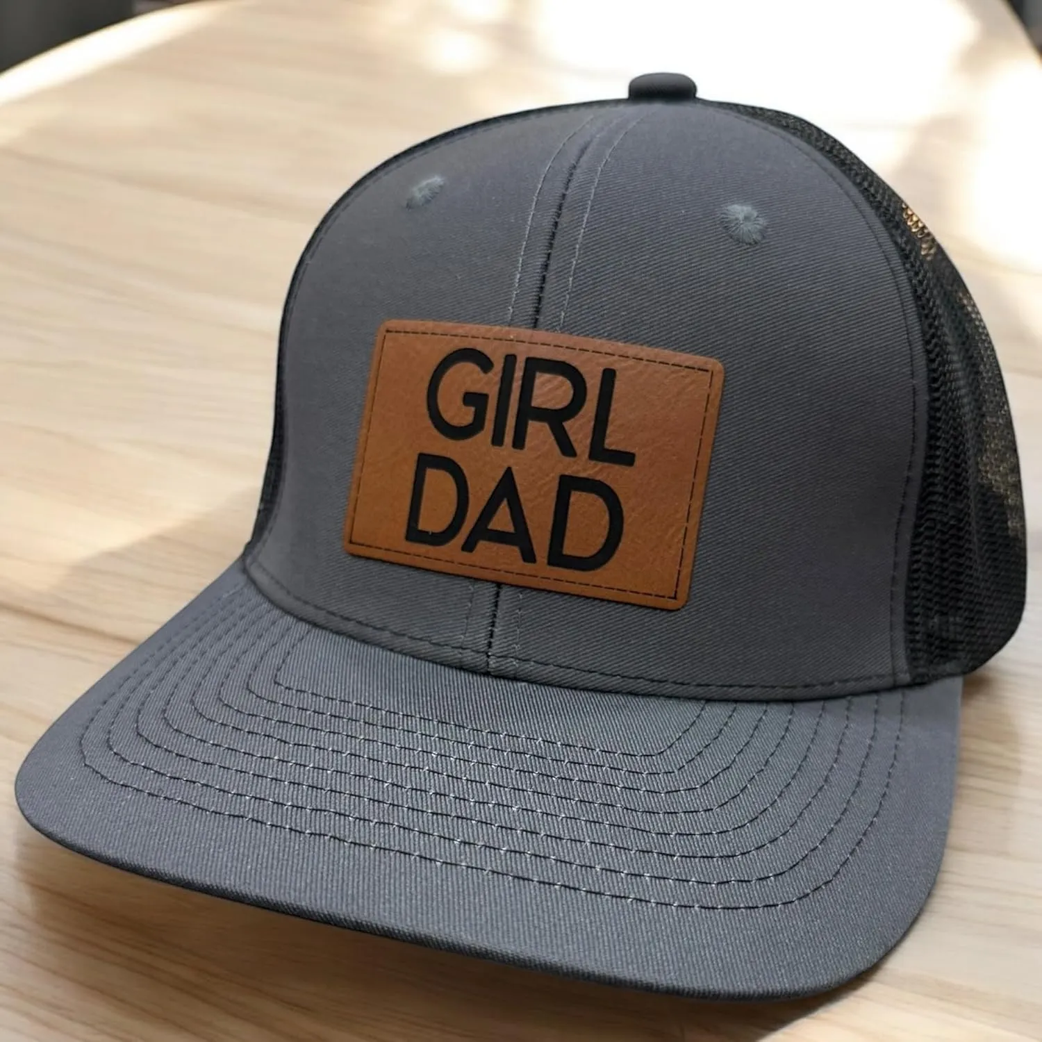 Mens Dad Hat, Gift for Dad, Gray Baseball Cap, Dad Trucker Hat, BR Rect Leather Patch Hat