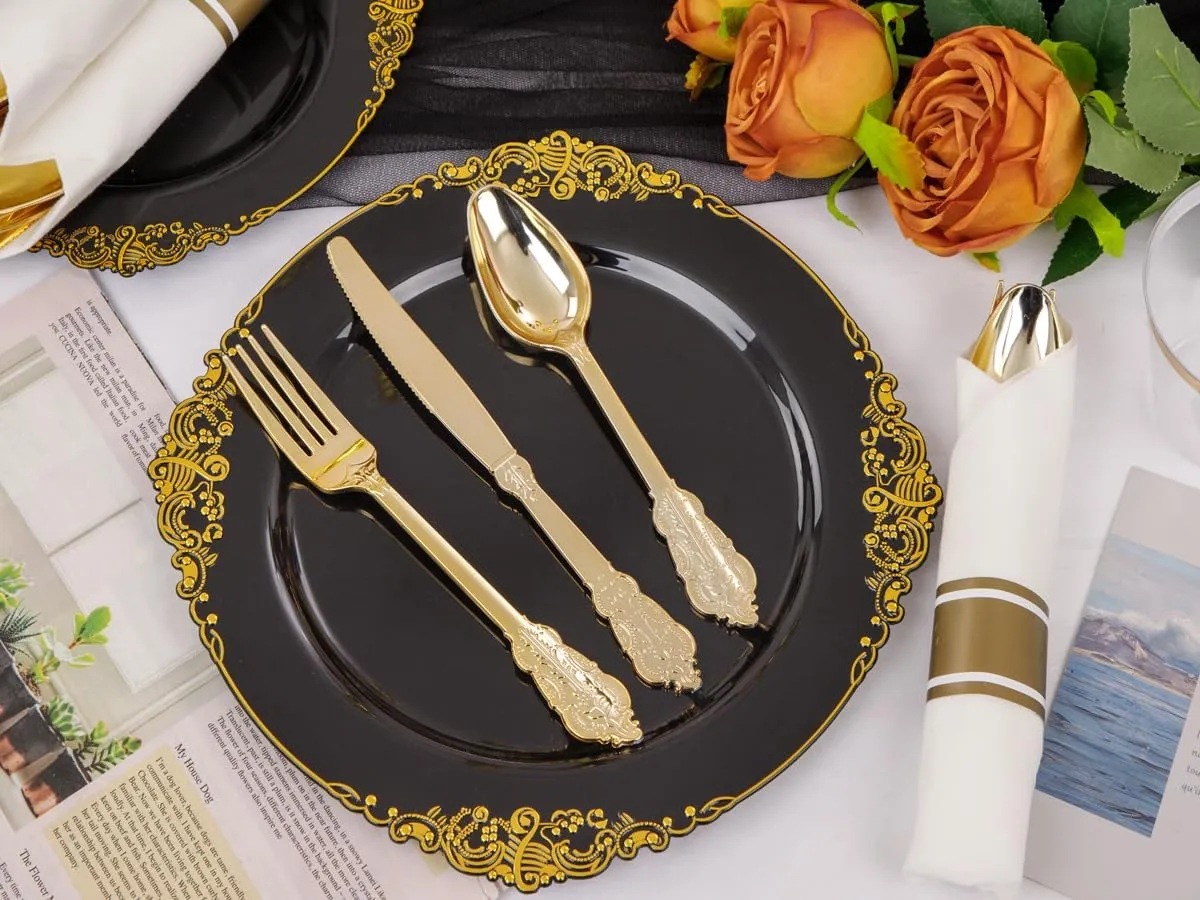 Nervure 175PCS Black Plastic Plates - Disposable Black Gold Party Plates & Pre Rolled Napkins with Cutlery for 25 Guests, 50Plates, 75Silverware, 25Cups, 25Napkin for Wedding & Father's Day & New Year