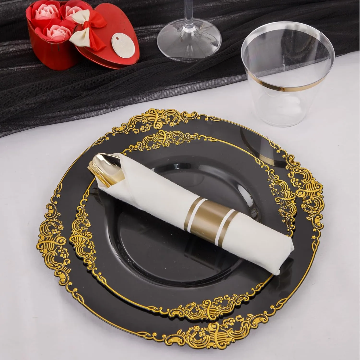 Nervure 175PCS Black Plastic Plates - Disposable Black Gold Party Plates & Pre Rolled Napkins with Cutlery for 25 Guests, 50Plates, 75Silverware, 25Cups, 25Napkin for Wedding & Father's Day & New Year