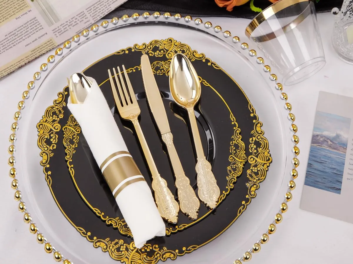 Nervure 175PCS Black Plastic Plates - Disposable Black Gold Party Plates & Pre Rolled Napkins with Cutlery for 25 Guests, 50Plates, 75Silverware, 25Cups, 25Napkin for Wedding & Father's Day & New Year
