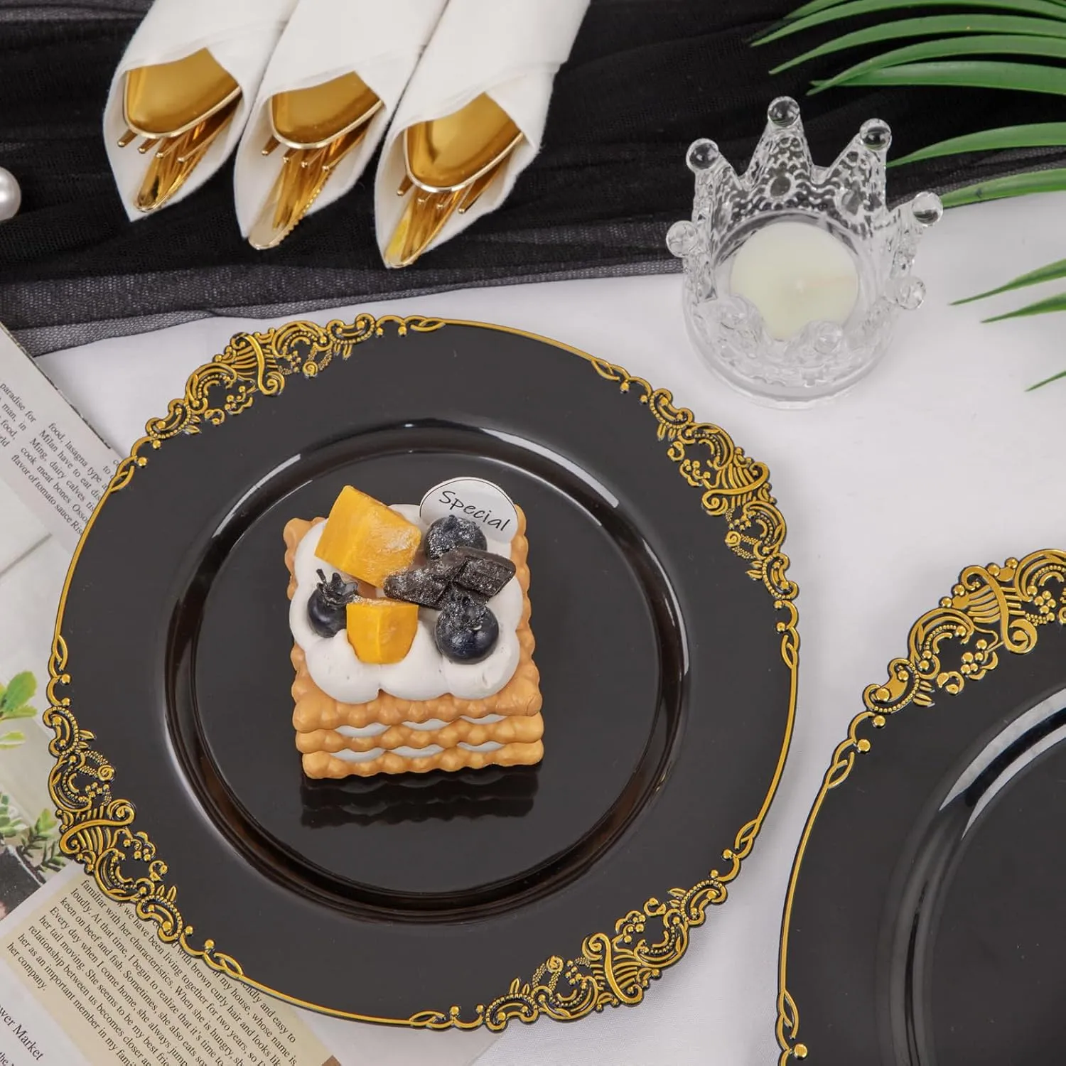 Nervure 175PCS Black Plastic Plates - Disposable Black Gold Party Plates & Pre Rolled Napkins with Cutlery for 25 Guests, 50Plates, 75Silverware, 25Cups, 25Napkin for Wedding & Father's Day & New Year